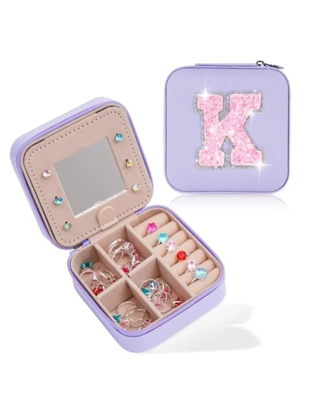 Lavender Travel Jewelry Box Initial K Small Organizer Case Mirror Faux Leather
